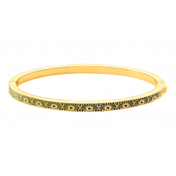 Bracelet Jonc semi-rigide en acier doré - Email - Fleur kiku vert - 62mm