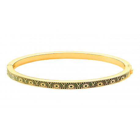 Bracelet Jonc semi-rigide en acier doré - Email - Fleur kiku vert - 62mm