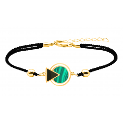 Bracelet coton noir acier doré - Malachite et Onyx - 16 + 4cm