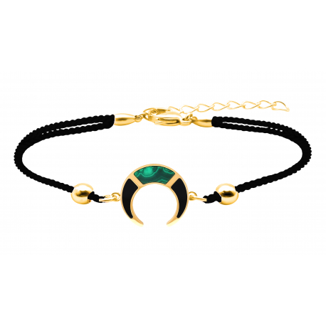Bracelet coton noir acier doré corne - Malachite et Onyx - 16 + 4cm
