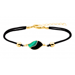 Bracelet coton noir acier doré feuille - Malachite et Onyx - 16 + 4cm