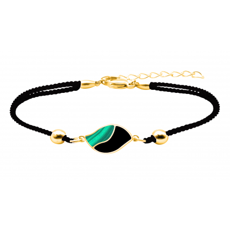 Bracelet coton noir acier doré feuille - Malachite et Onyx - 16 + 4cm