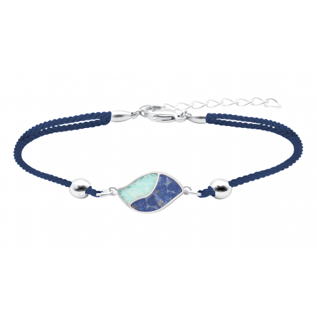 Bracelet coton bleu acier feuille - Lapis lazuli et Amazonite - 16 + 4cm