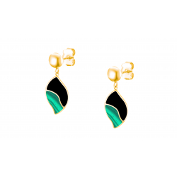 Boucles d'oreilles acier doré feuille- Malachite et Onyx - 1,5cm