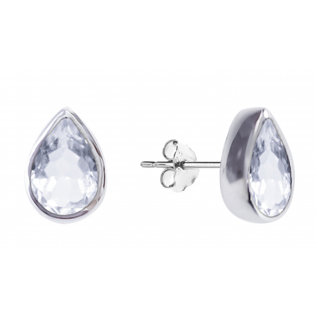 Boucles d'oreilles argent rhodié 2g - cabochon goutte  cristal de roche 6x4mm