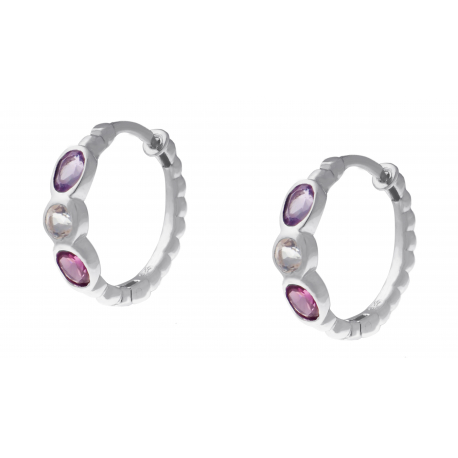 Boucles d'oreilles argent rhodié 3,5g - Rhodolite 3x4mm/Cristal de roche 3mm/ Amethyste 3x4mm