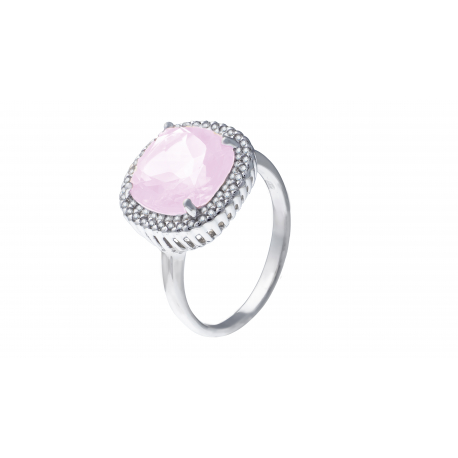 Bague argent rhodié 4,1g - quartz rose 10x10mm - 36 topazes blanches rond 1mm - T 50 à 62