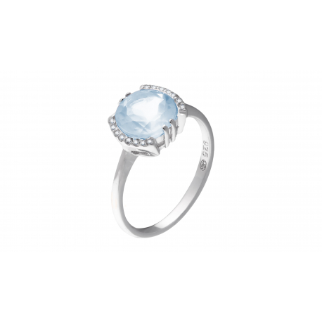 Bague argent rhodié 2,86g - topaze bleue 8mm - 14 topazes blanches rond 1mm - T 50 à 62