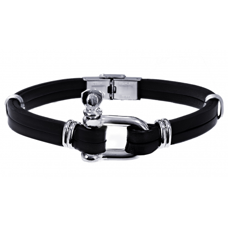 Bracelet cuir italien noir - composants en acier - manille acier - 21cm reglable