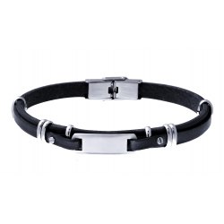 Bracelet cuir italien noir- composants en acier - plaque acier- 21cm reglable