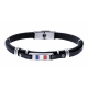 Bracelet cuir italien noir- composants en acier - plaques acier et drapeau français - 21cm réglable