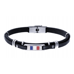 Bracelet cuir italien noir- composants en acier - plaques acier et drapeau français - 21cm réglable