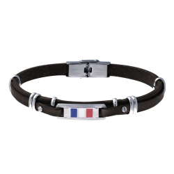 Bracelet cuir italien marron - composants en acier - plaques acier drapeau français - 21cm réglable