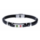 Bracelet cuir italien noir- composants en acier - plaques acier et drapeau italien en émail - 21cm réglable