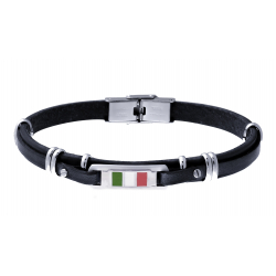 Bracelet cuir italien noir- composants en acier - plaques acier et drapeau italien en émail - 21cm réglable
