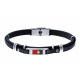 Bracelet cuir italien noir- composants en acier - plaques acier et drapeau portuguais en émail - 21cm réglable
