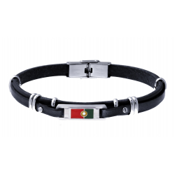 Bracelet cuir italien noir- composants en acier - plaques acier et drapeau portuguais en émail - 21cm réglable