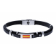 Bracelet cuir italien noir- composants en acier - plaques acier et drapeau espagnol en émail - 21cm réglable