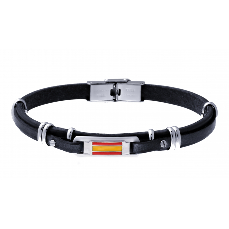Bracelet cuir italien noir- composants en acier - plaques acier et drapeau espagnol en émail - 21cm réglable