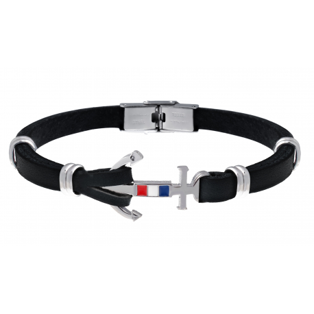 Bracelet cuir italien noir- composants en acier - encre marine en acier et drapeau français en émail - 21cm réglable