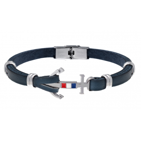 Bracelet cuir italien bleu- composants en acier - encre marine en acier et drapeau français en émail - 21cm réglable