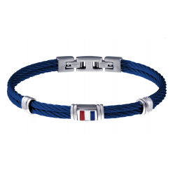 Bracelet câble bleu acier - composants en acier - drapeau français en émail - 19,5cm+1,5 cm réglable