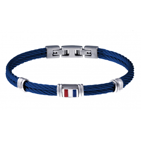 Bracelet câble bleu acier - composants en acier - drapeau français en émail - 19,5cm+1,5 cm réglable