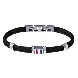 Bracelet câble noir acier - composants en acier - drapeau français en émail - 19,5cm+1,5 cm réglable