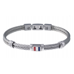 Bracelet câble blanc acier - composants en acier - drapeau français en émail - 19,5cm+1,5 cm réglable