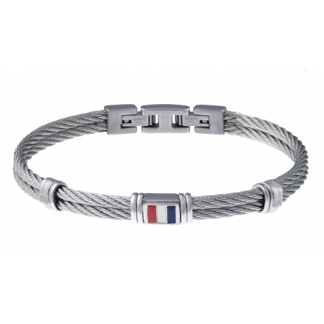 Bracelet câble blanc acier - composants en acier - drapeau français en émail - 19,5cm+1,5 cm réglable