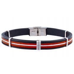Bracelet acier - cuir italien noir - 2 cordons rouges - câble - composants acier - réglable - 21,5cm