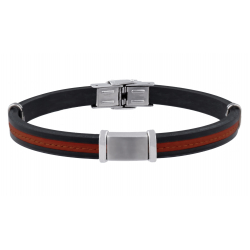 Bracelet acier - silicone noir - cuir italien rouge incrusté - plaque en acier - composants acier - réglable - 21,5cm