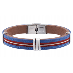 Bracelet acier - cuir italien bleu et marron - 2 fils rouge - cable - composants en acier - réglable - 21,5cm