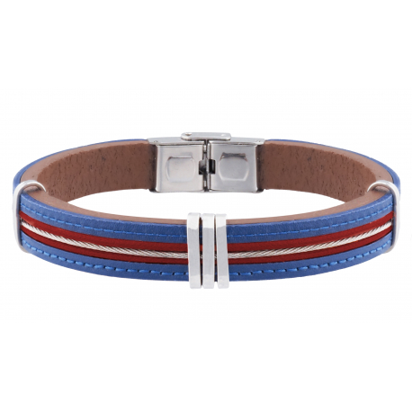 Bracelet acier - cuir italien bleu et marron - 2 fils rouge - cable - composants en acier - réglable - 21,5cm