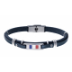 Bracelet cuir italien bleu - composants en acier - plaques acier drapeau français - 21cm réglable