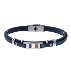 Bracelet cuir italien bleu - composants en acier - plaques acier drapeau français - 21cm réglable