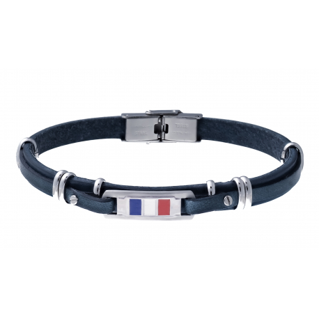 Bracelet cuir italien bleu - composants en acier - plaques acier drapeau français - 21cm réglable