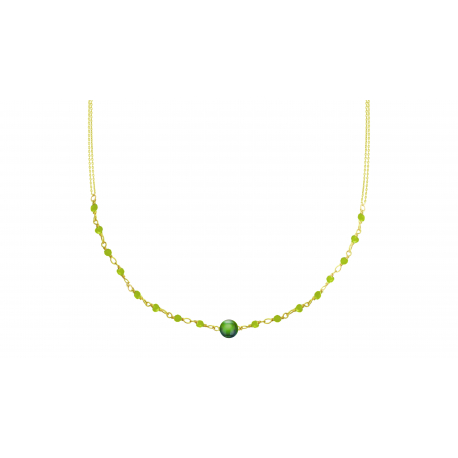 Collier double chaîne argent doré - agate verte 6mm - péridots 2mm - 40+5cm