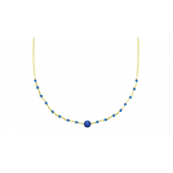 Collier double chaîne argent doré - agate bleue 6mm - spinelles bleues 2mm - 40+5cm