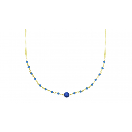 Collier double chaîne argent doré - agate bleue 6mm - spinelles bleues 2mm - 40+5cm