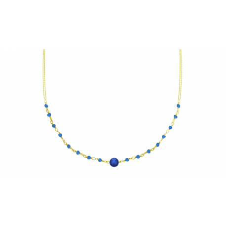 Collier double chaîne argent doré - agate bleue 6mm - spinelles bleues 2mm - 40+5cm