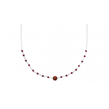 Collier double chaîne argent - agate rouge 6mm - spinelles rouges 2mm - 40+5cm
