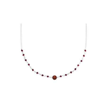 Collier double chaîne argent - agate rouge 6mm - spinelles rouges 2mm - 40+5cm