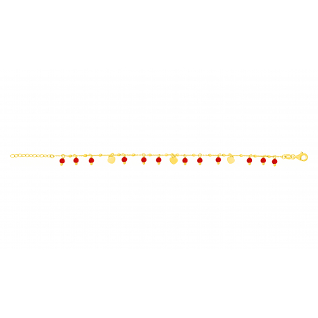 Bracelet argent doré chaîne boule - charm coeur - pampilles spinelles rouges 3mm - 15+5cm