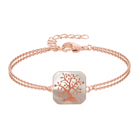 Bracelet acier rosé - arbre de vie - nacre blanche - 18x18mm - 2 rangs - 15+5cm