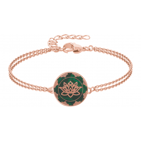 Bracelet acier rosé - fleur de lotus - malachite - diamètre 18mm - 2 rangs - 15+5cm