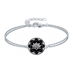 Bracelet acier - fleur de lotus - onyx - diamètre 18mm - 2 rangs - 15+5cm