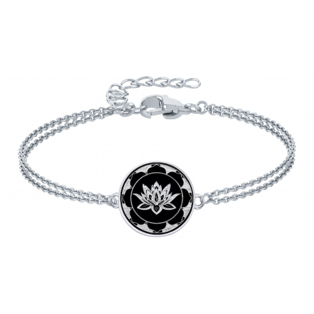 Bracelet acier - fleur de lotus - onyx - diamètre 18mm - 2 rangs - 15+5cm