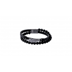 Bracelet double rang feuille - 1 rang élastique pierre de lave 8mm - 1 rang cuir lisse noir - 21cm