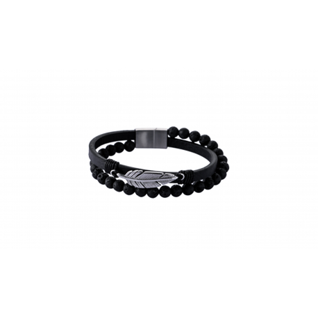 Bracelet double rang feuille - 1 rang élastique pierre de lave 8mm - 1 rang cuir lisse noir - 21cm